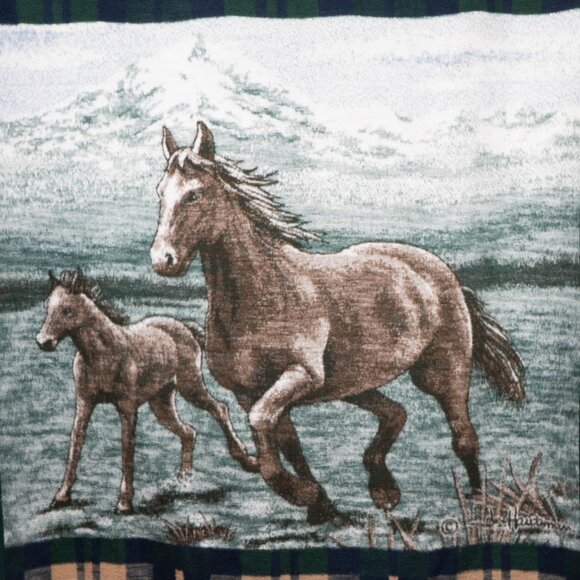 Biederlack Horse Foal Throw Blanket VTG Plaid Border Green Blue Running USA - Picture 2 of 8